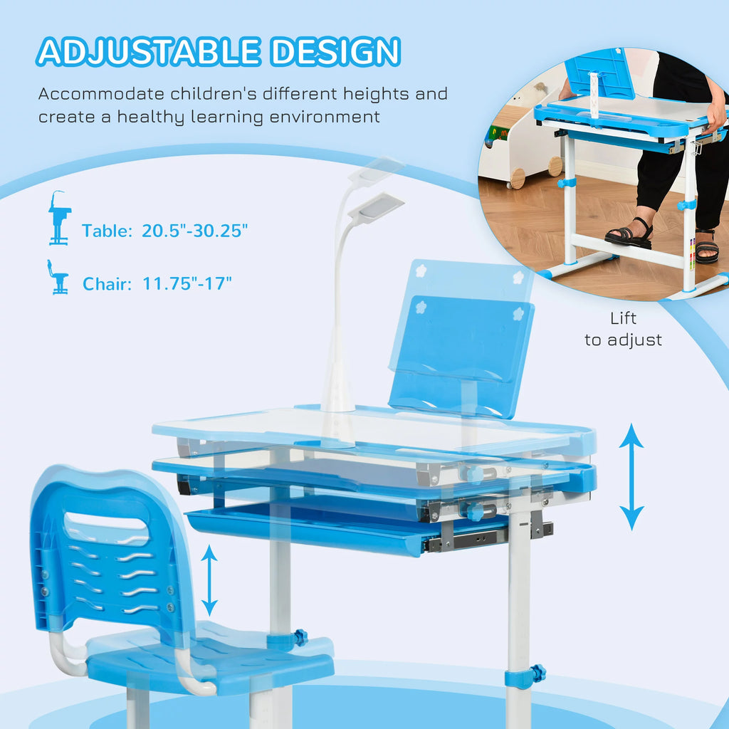 Kids Table and Chair Set with USB Lamp and Storage Drawer, Blue and White C889248