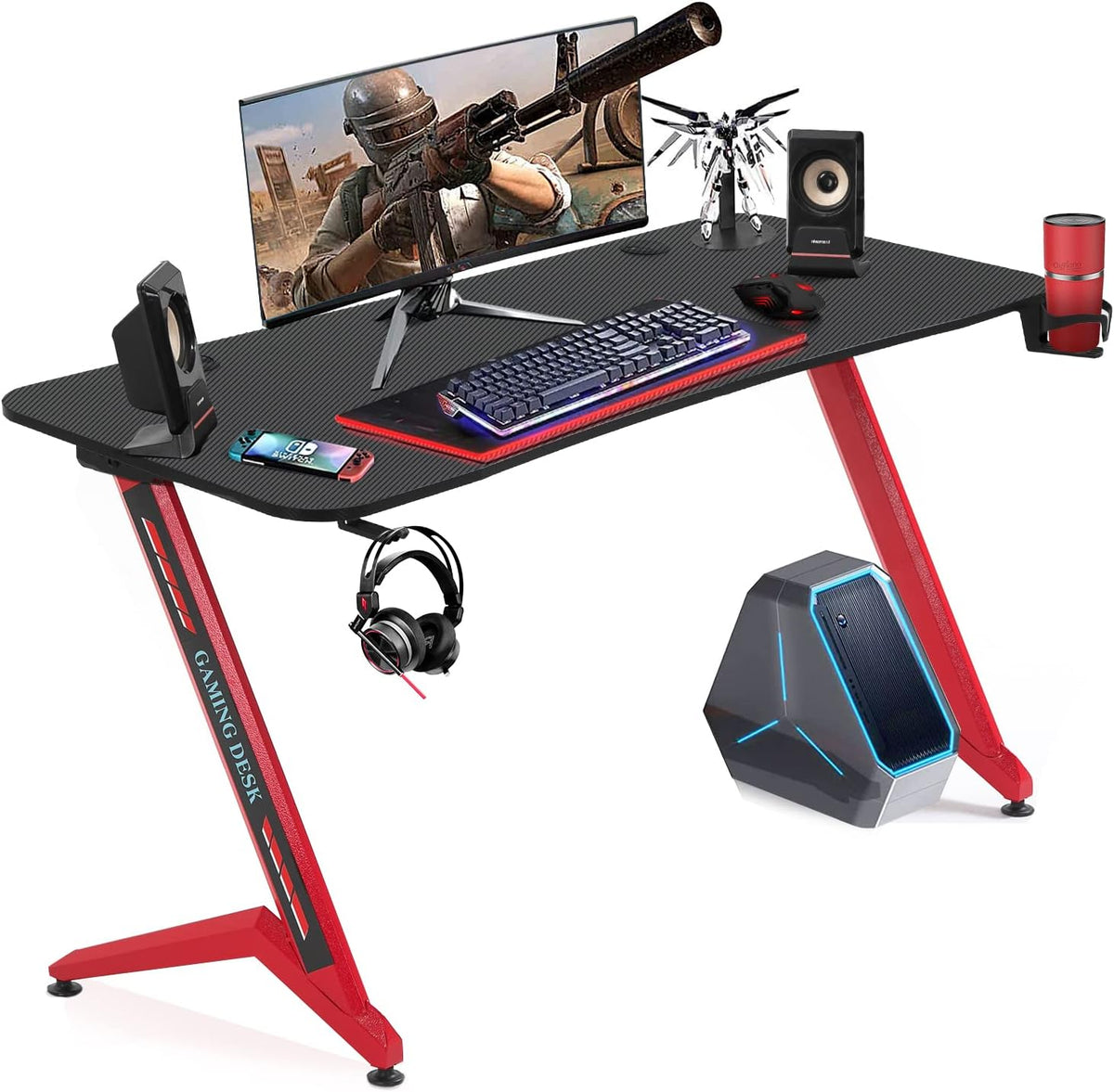 Black&Red 44 inch Gaming Desk with Headphone Hook and Cup Holder E5517