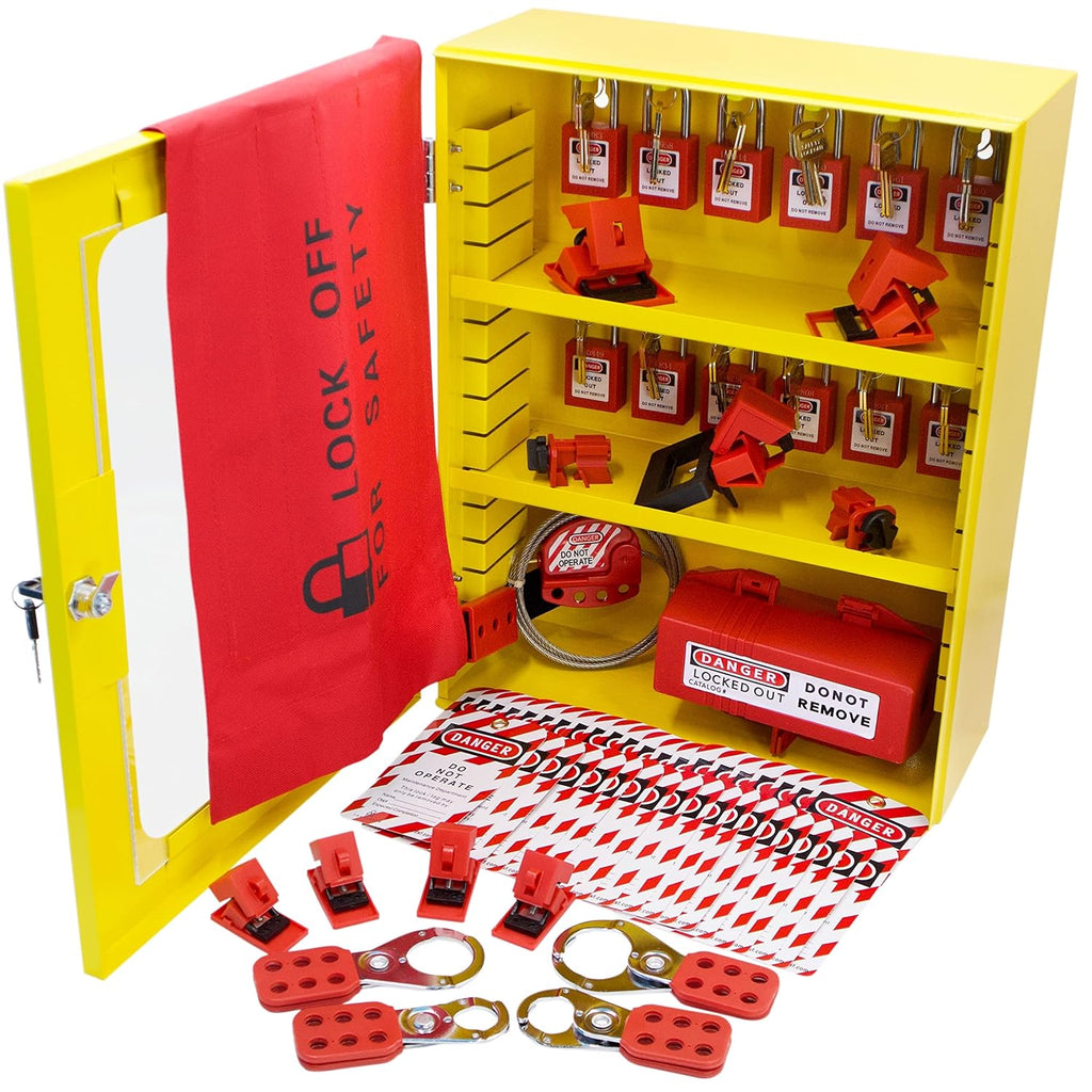 Lockout Tagout Storage Cabinet, 69 Piece Wall-Mountable Station Y318