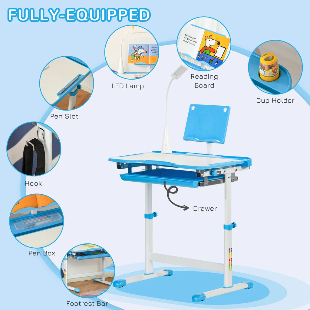 Kids Table and Chair Set with USB Lamp and Storage Drawer, Blue and White C889248