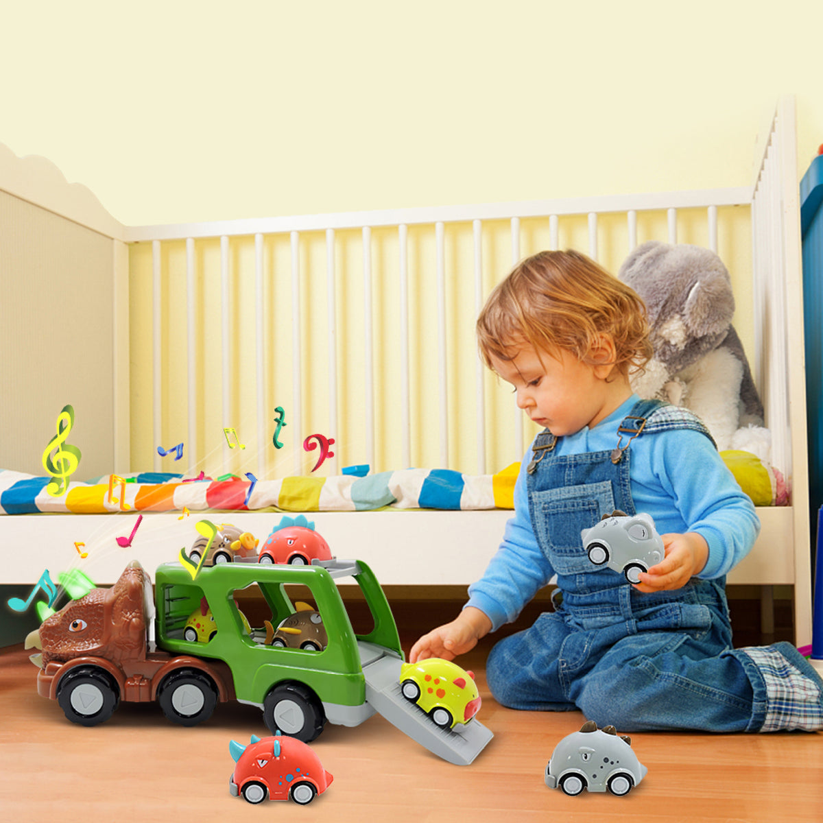 Double-decker Dinosaur Car Toy Transport Carrier Truck with 8 Small Pull Back Dino Car Friction Power Vehicle O35317
