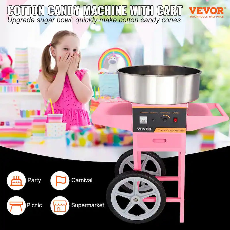 Electric Cotton Candy Machine with Cart 1000 W Stainless Steel Bowl W441783