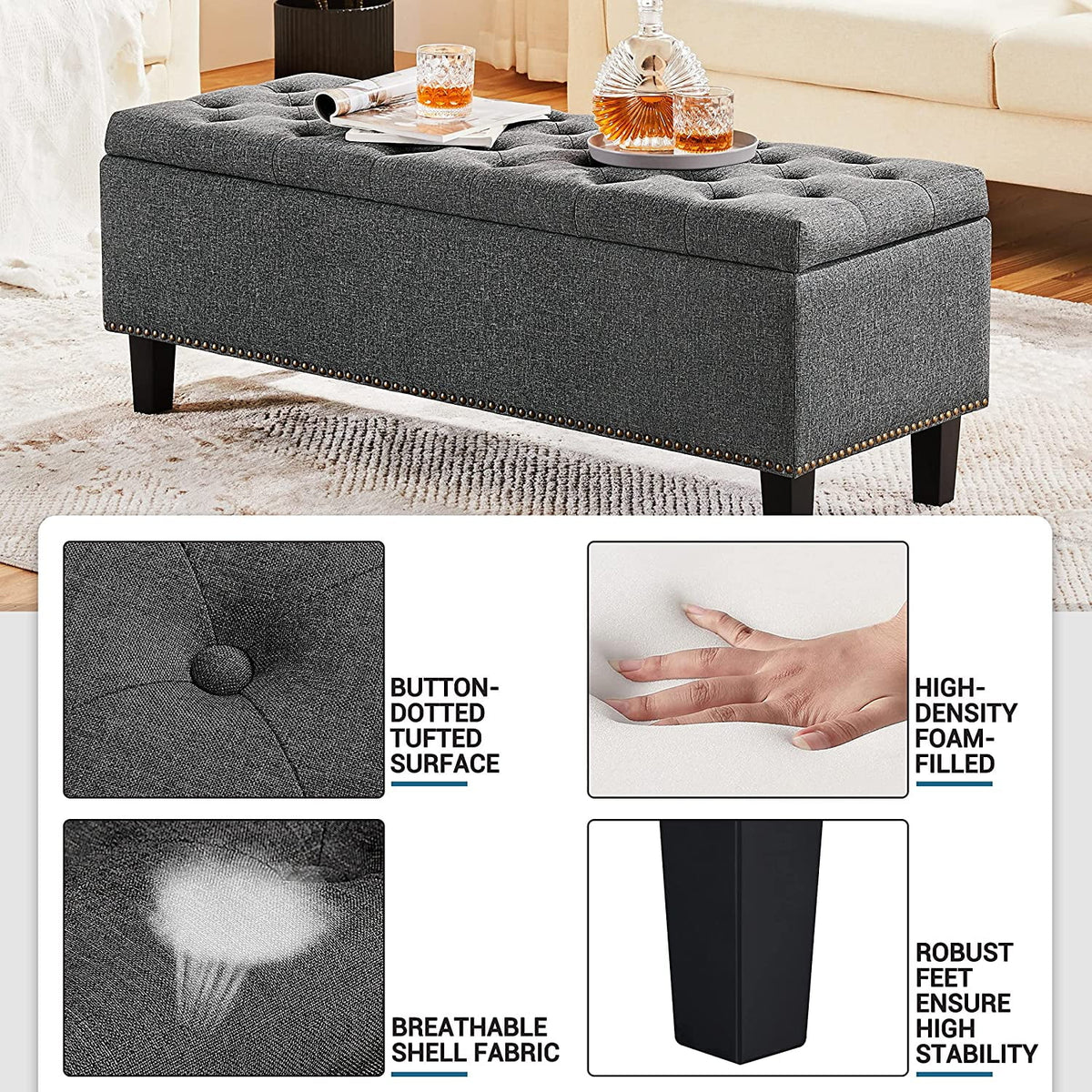 Dark Gray 50-inch Storage Ottoman O395