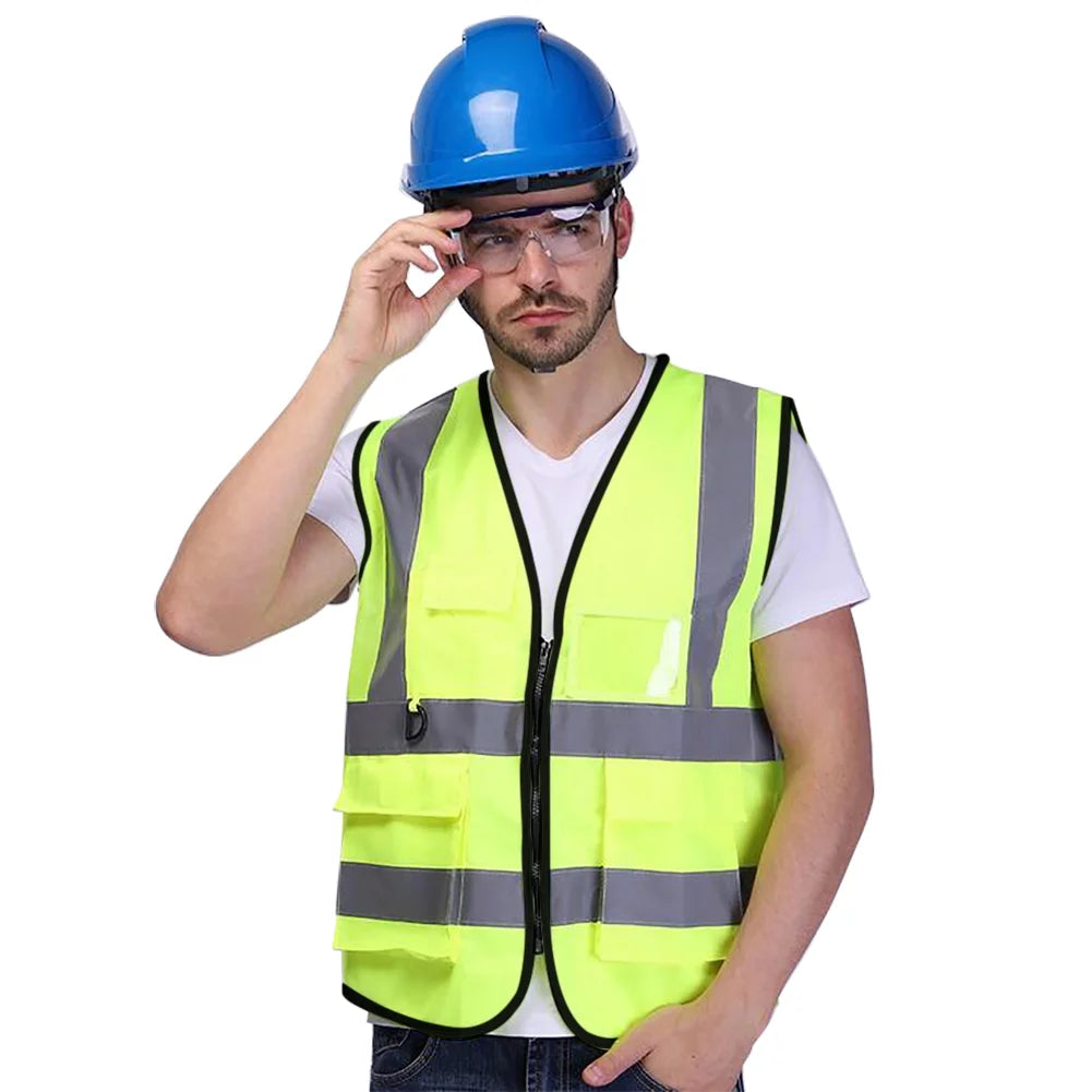 5 Pockets High Visibility Zipper Front Safety Vest with Reflective Strips, Pack of 10 B678