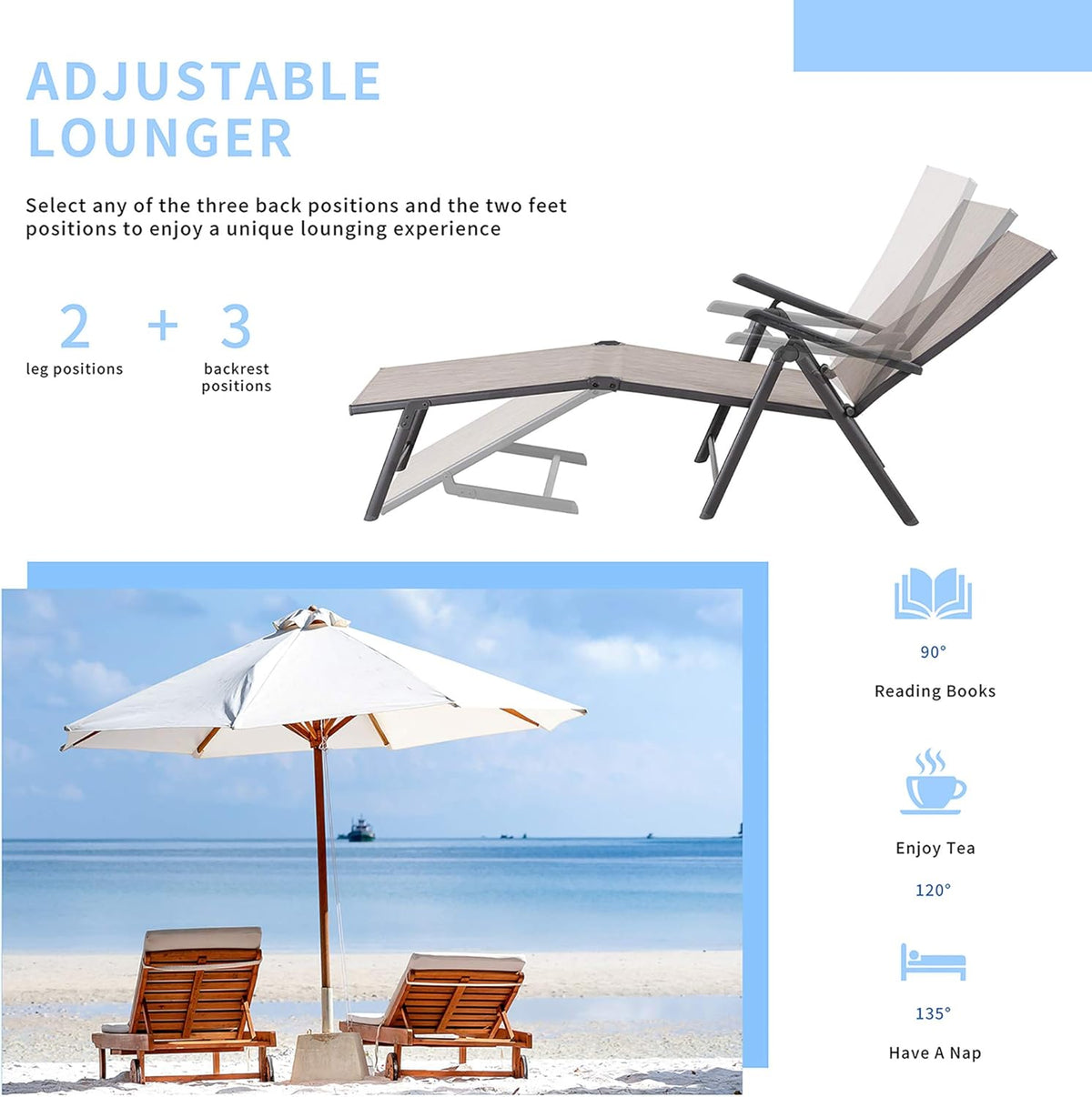 Outdoor Lounge Chairs Set of 2, Lightweight Folding Reclining Texilene Patio Chair with Adjustable Backrest G54239