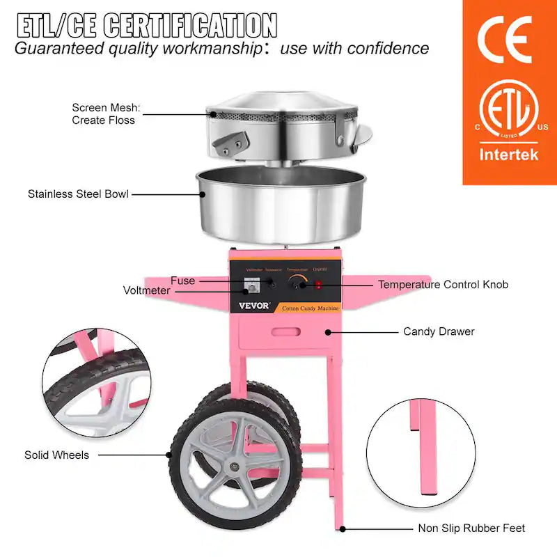 Electric Cotton Candy Machine with Cart 1000 W Stainless Steel Bowl W441783