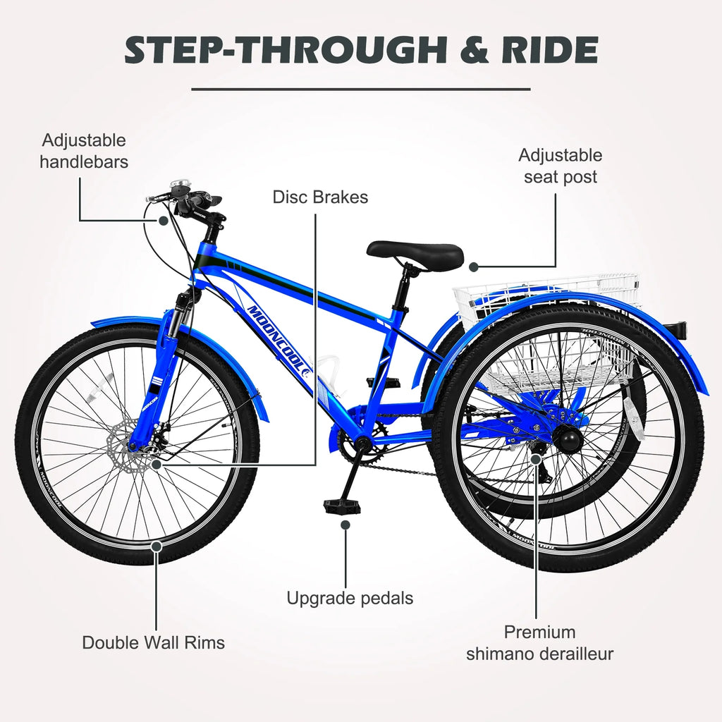 Adult Mountain Tricycle, 7 Speed Three Wheel Bike, 24/26/27.5 inch, 420 lbs H499691