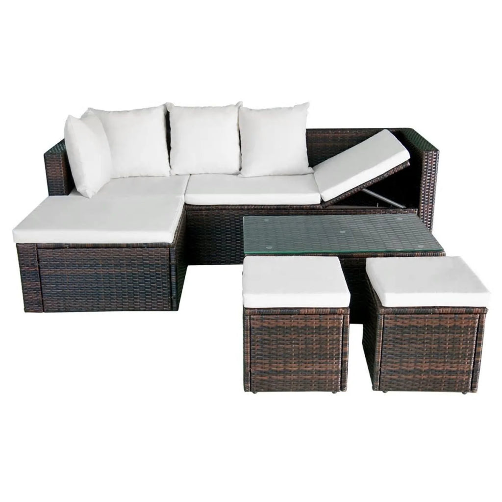 4 Piece Outdoor Conversation Set Cushioned Corner Sofa with Coffee Table and 2 Ottomans Brown Poly Rattan N51067