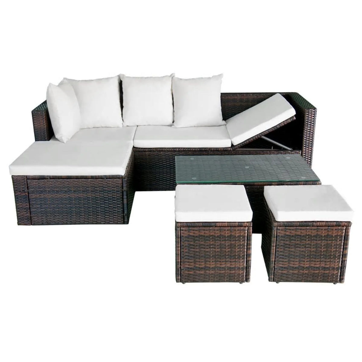 4 Piece Outdoor Conversation Set Cushioned Corner Sofa with Coffee Table and 2 Ottomans Brown Poly Rattan N51067