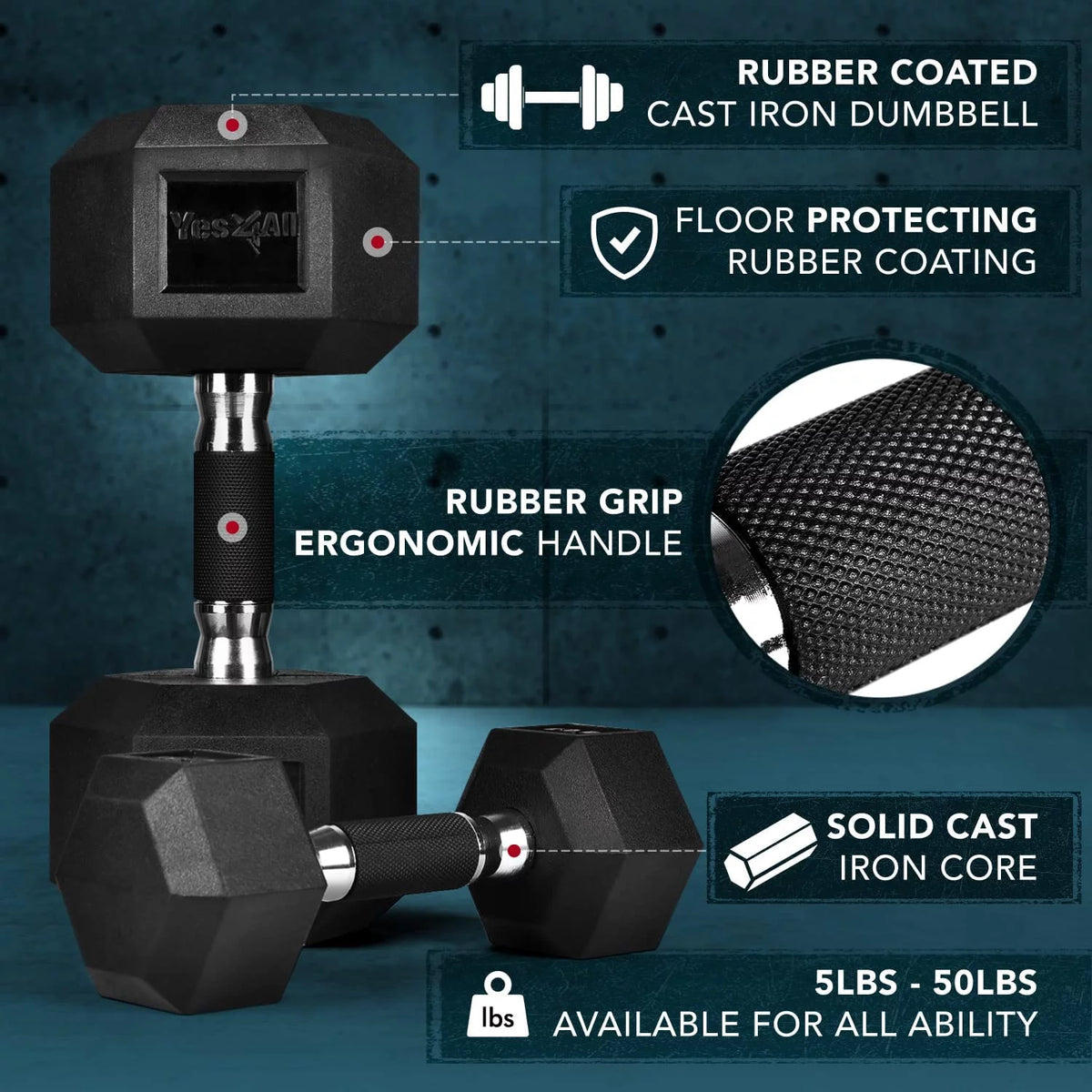 50 lbs Hex Rubber Grip Dumbbell J681