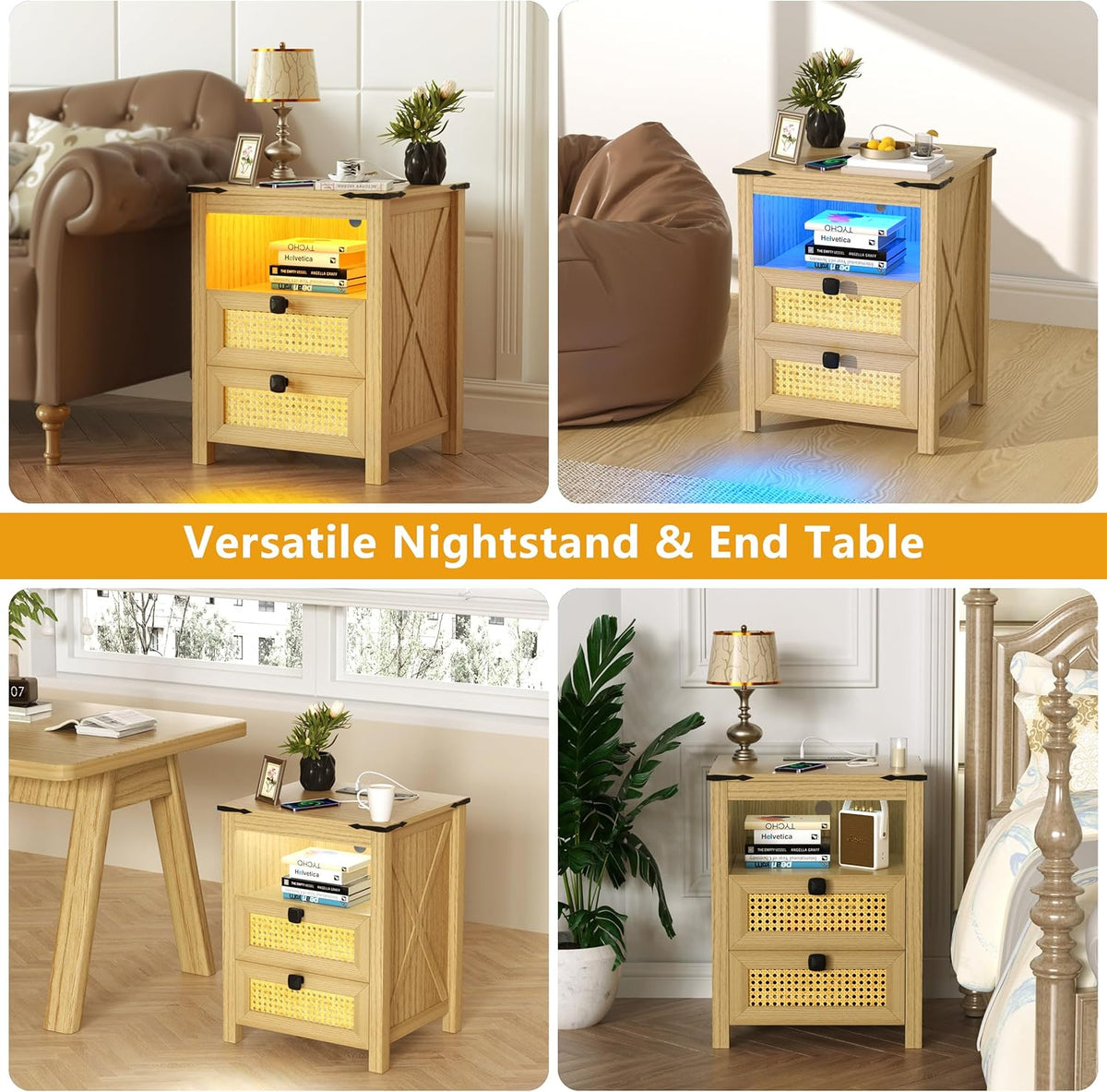 Natural Wood Nightstand Set of 2 with Charging Station P372