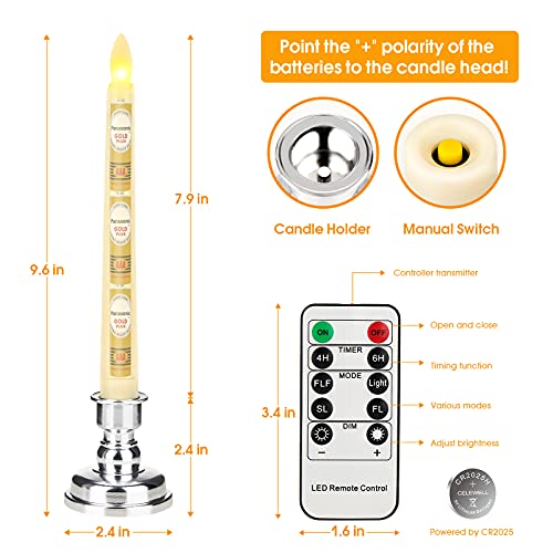 9 Packs White Gold LED Flameless Flickering Taper Candles with Remote Timer O218