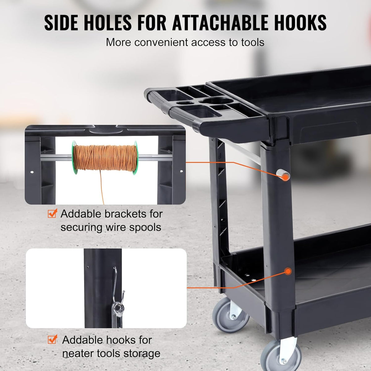 Black 2 Shelf Heavy Duty Plastic Rolling Utility Cart L8120