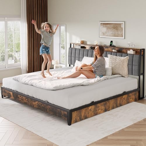 Queen Size Upholstered Platform Bed Frame with 4 Drawers and Storage Headboard Q9201