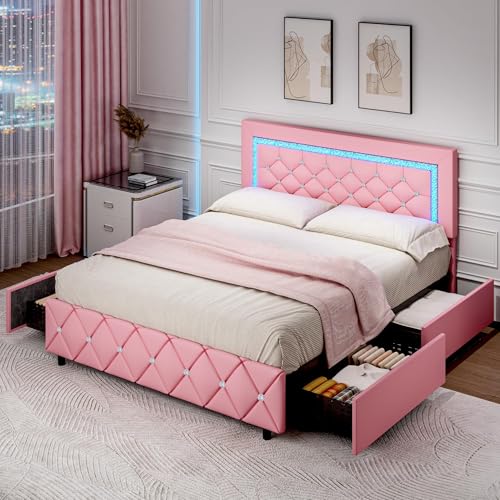 Queen Size Upholstered Platform Bed with Storage Drawers Q541957