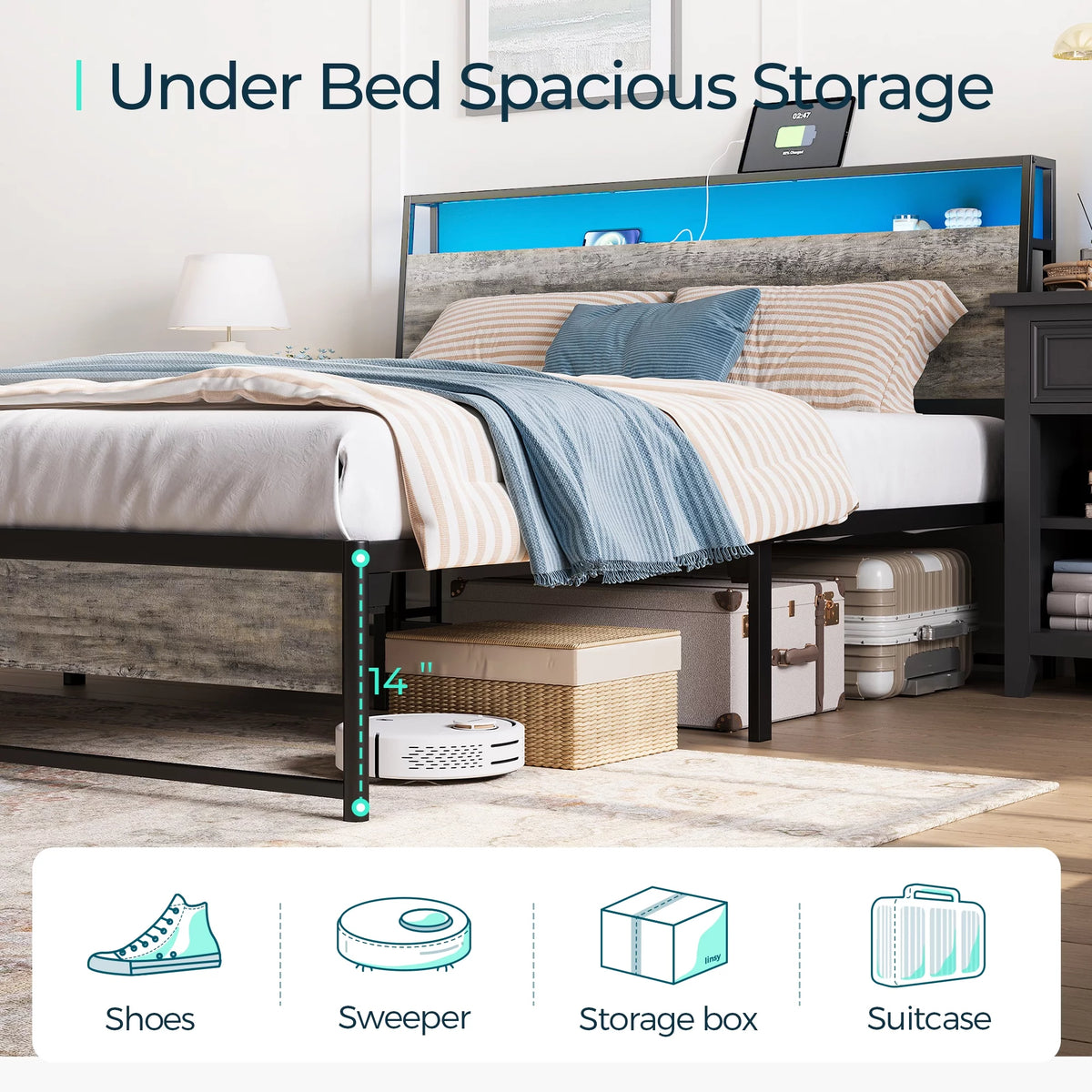 Full Size Metal Platform Bed Frame with Headboard and Storage Shelves C135