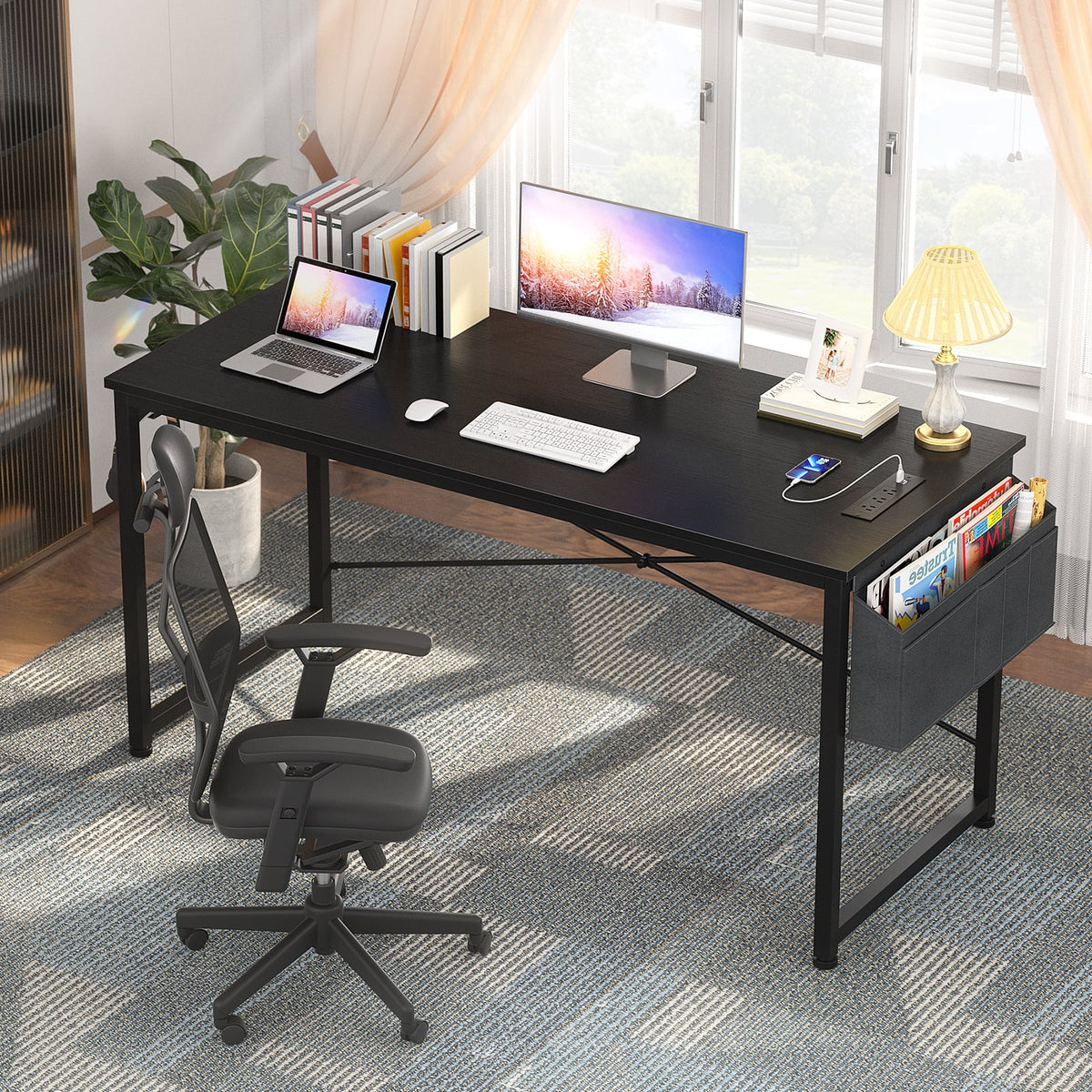 Black 47 Inch Computer Desk with Power Outlets I6591
