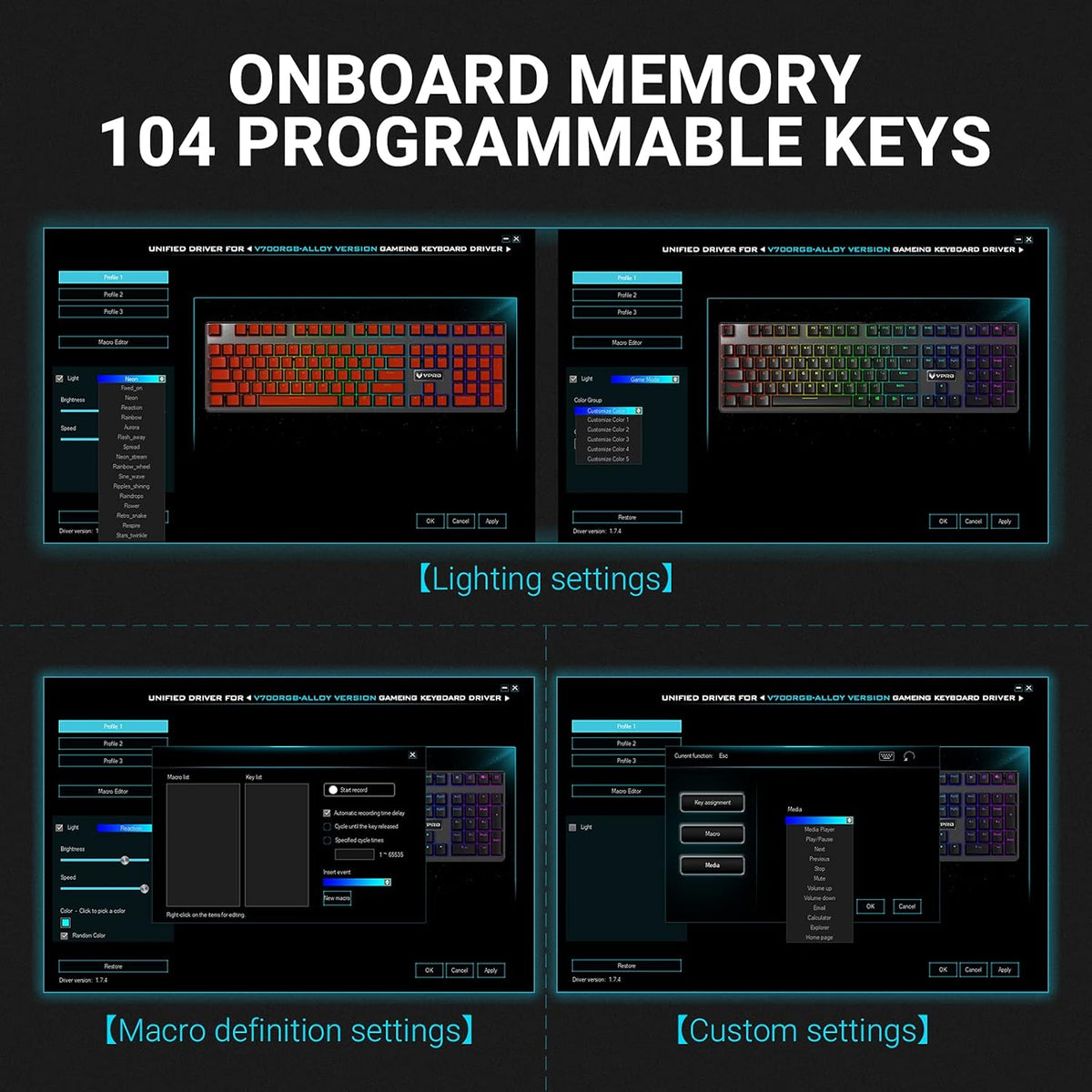 V700RGB LED Alloy Backlit Wired Mechanical Gaming Keyboard with Blue Switches, Braided Fiber Cable, Pack of 2 Q345