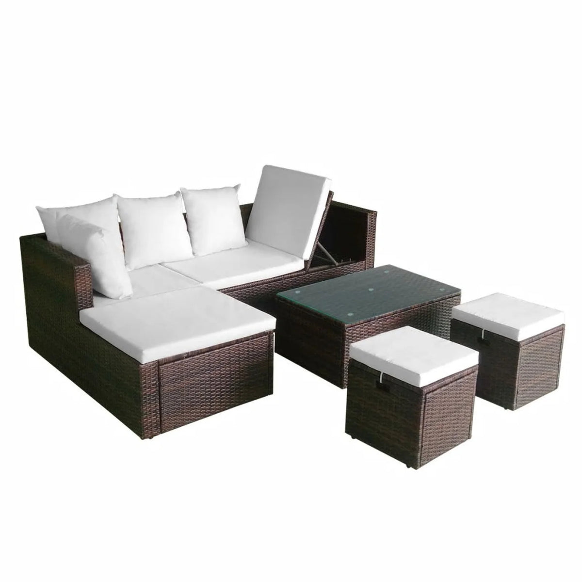 4 Piece Outdoor Conversation Set Cushioned Corner Sofa with Coffee Table and 2 Ottomans Brown Poly Rattan N51067