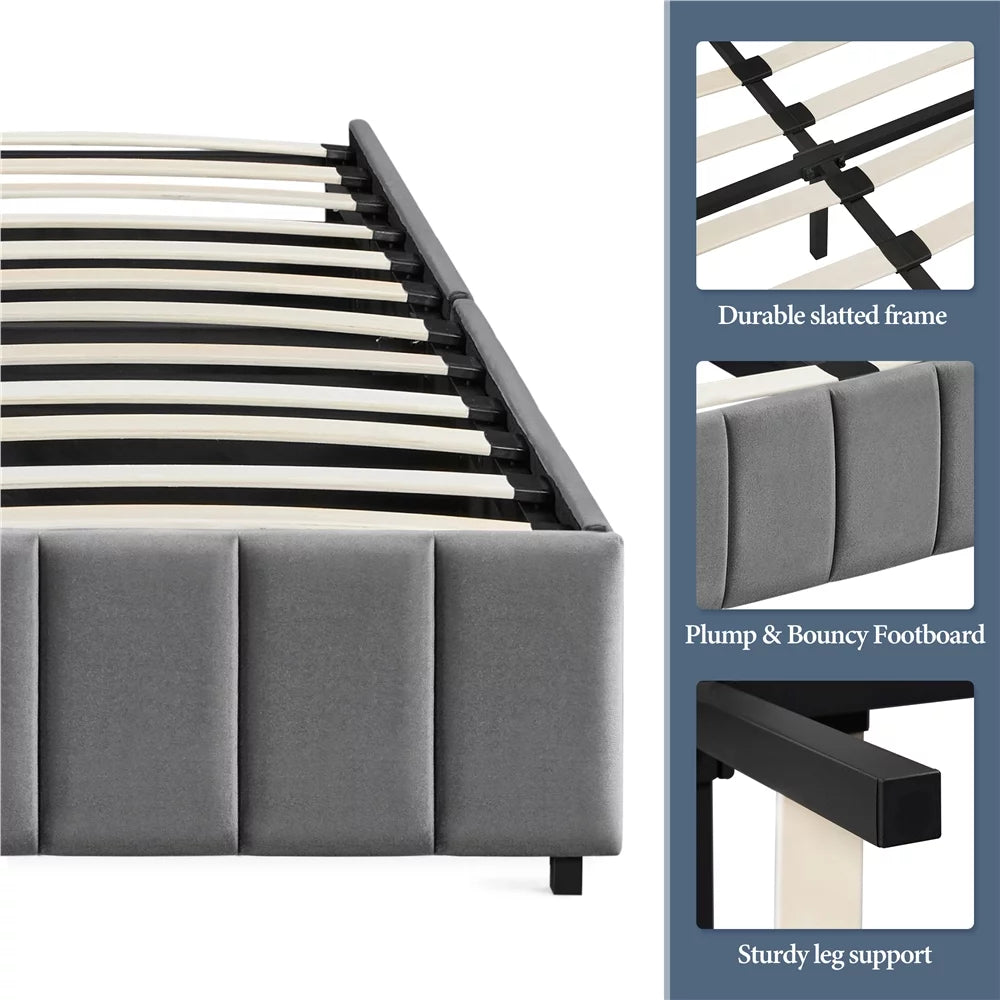 Queen Size Upholstered Bed Frame with 4 Storage Drawers, Beige T202040