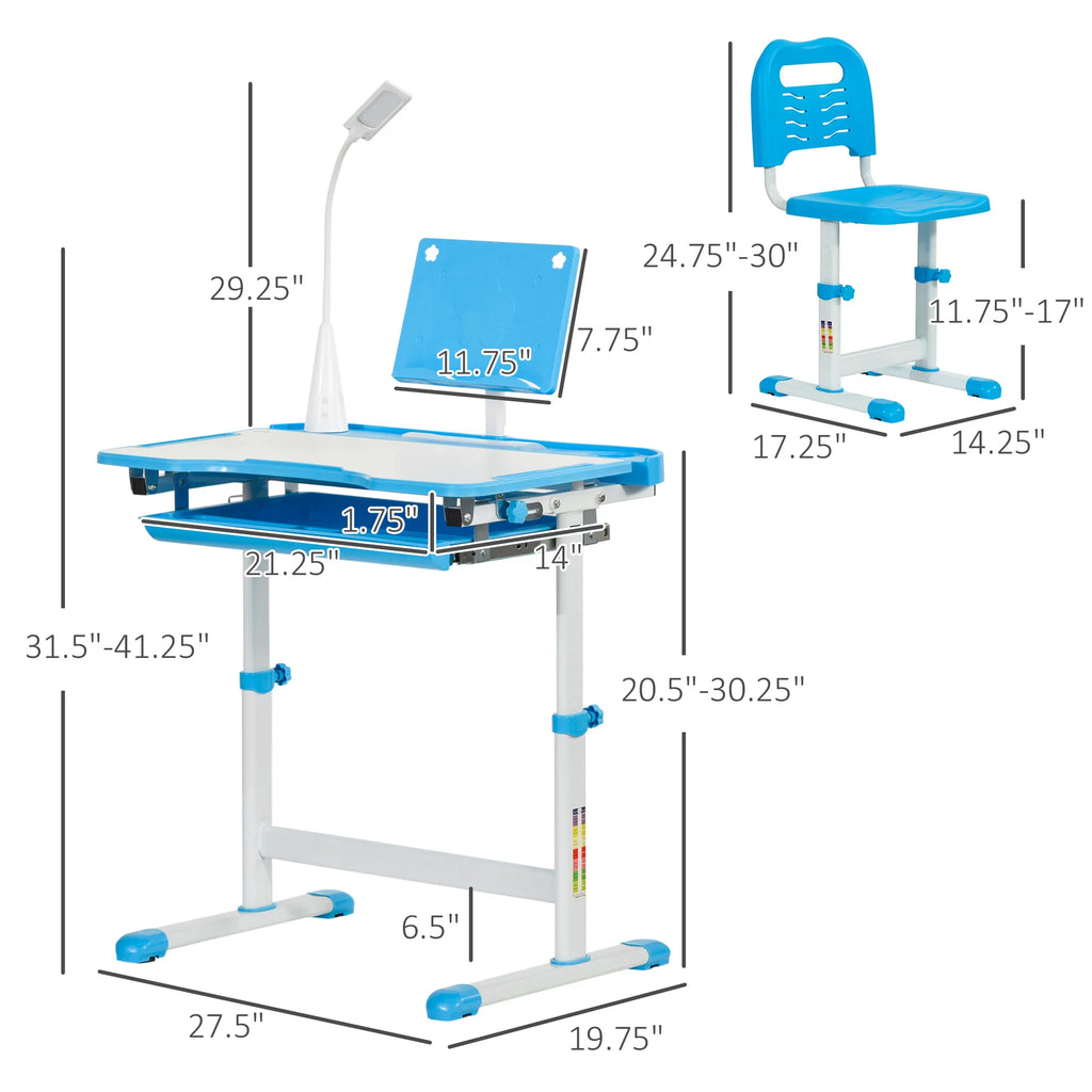 Kids Table and Chair Set with USB Lamp and Storage Drawer, Blue and White C889248
