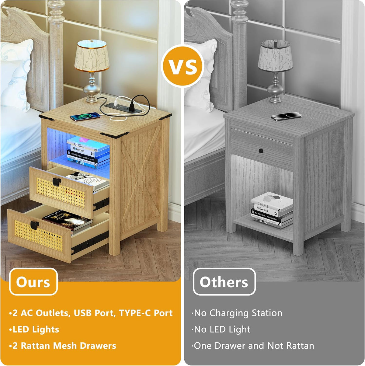 Natural Wood Nightstand Set of 2 with Charging Station P372