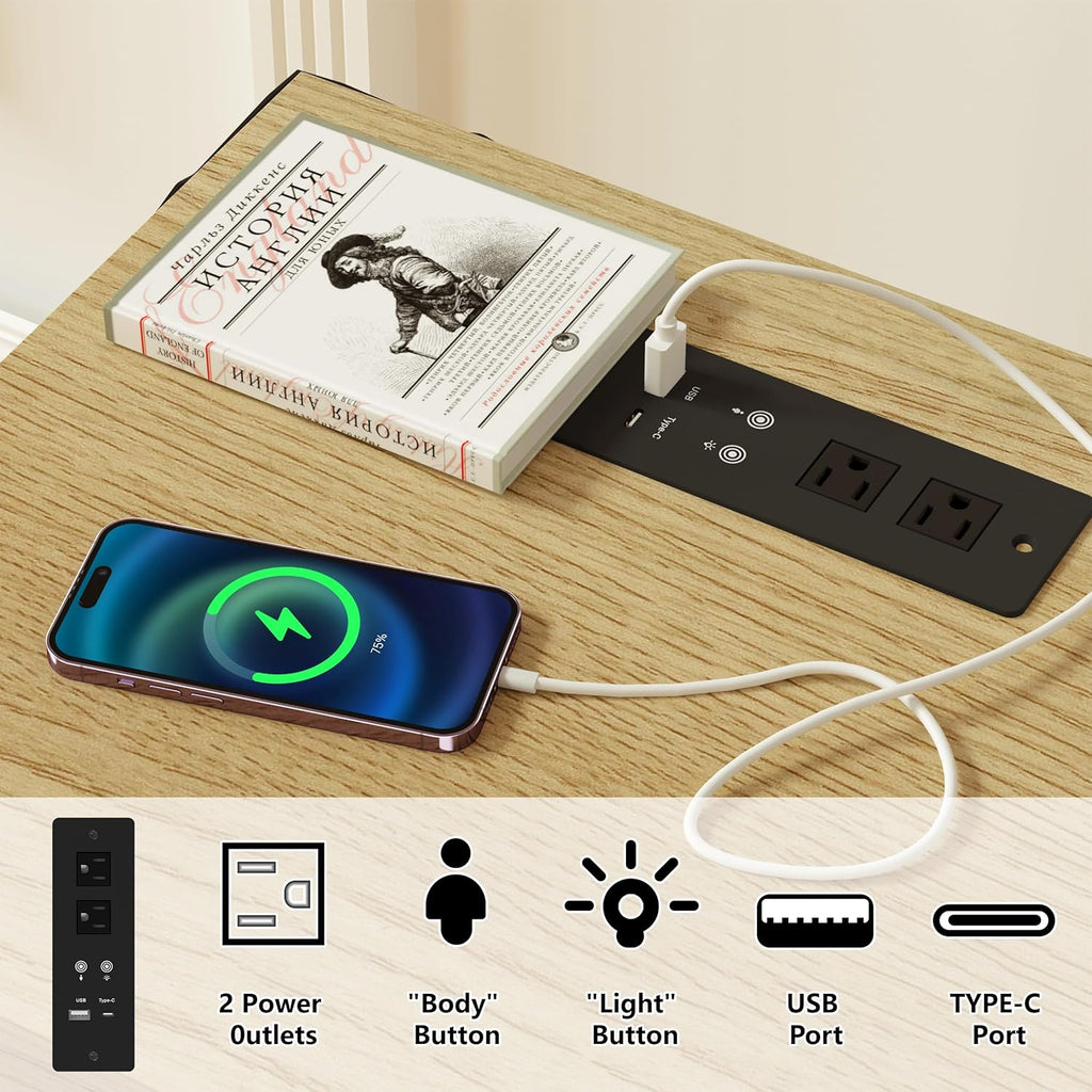 Natural Wood Nightstand Set of 2 with Charging Station P372