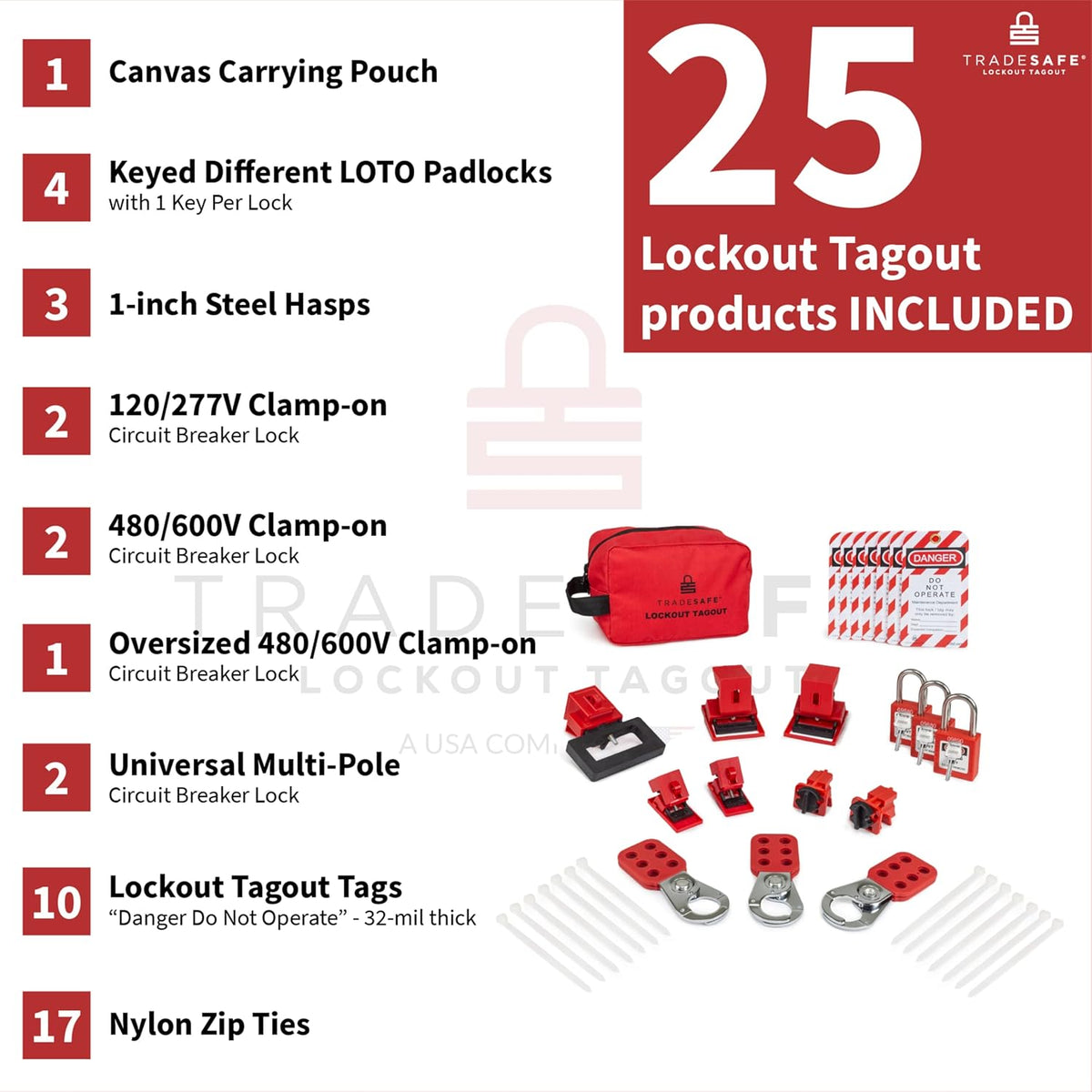Breaker Lockout Tagout Electrical Loto Kit with Red Safety Padlocks, Hasps, Tags P4677