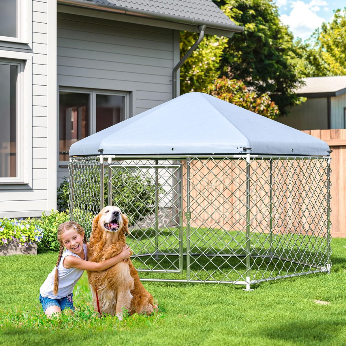 Large Dog Kennel with Roof and Metal Gate W62290