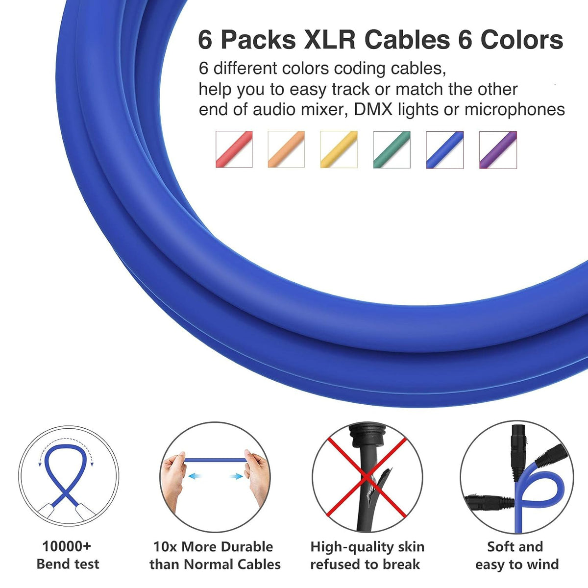 25ft 6 Pack XLR Male to XLR Female Mic Patch Cables S87475
