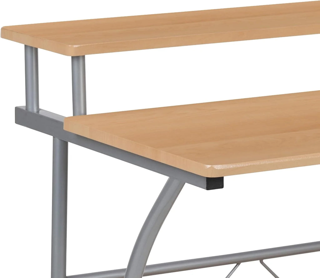 Black Silver Steel Frame Small Computer Desk with Raised Monitor Platform and Lower Storage Shelf L85534