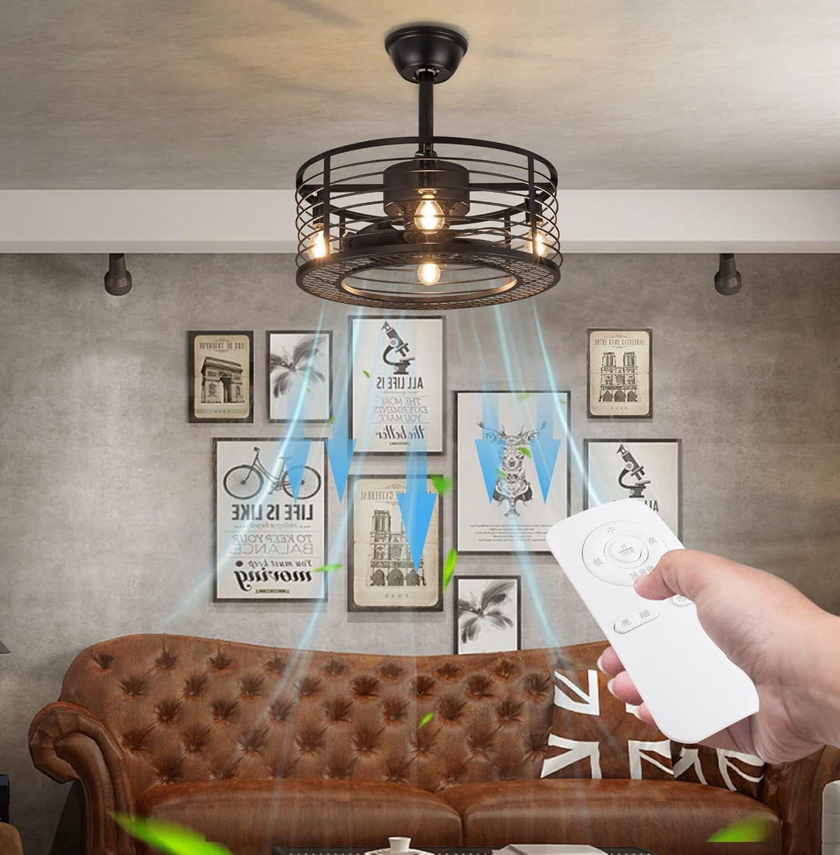Black Caged Ceiling Fan with Lights J698