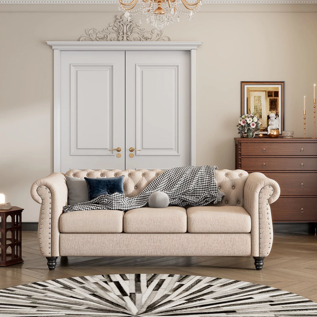 3 Seater Button Tufted Upholstered Sofa with Rolled Arms Z4547