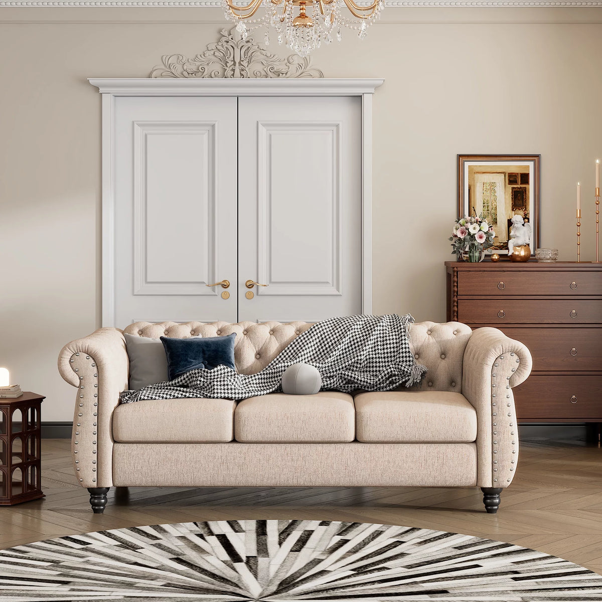 3 Seater Button Tufted Upholstered Sofa with Rolled Arms Z4547