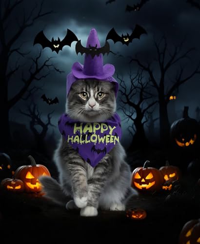 Dog Halloween Costumes 2Pcs Set Witch Hat and Bandana Black W505149