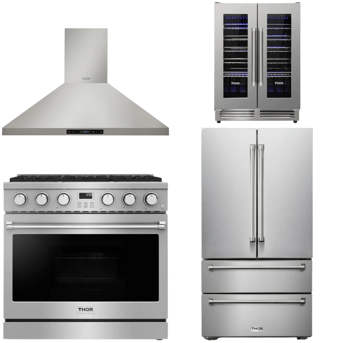 36 Gas Range, Range Hood, Refrigerator and Wine Cooler X408847