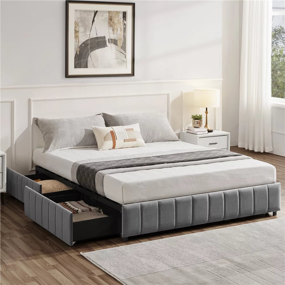 Queen Size Upholstered Bed Frame with 4 Storage Drawers, Beige T202040
