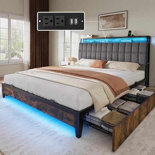 Queen Size Upholstered Platform Bed Frame with 4 Drawers and Storage Headboard Q9201