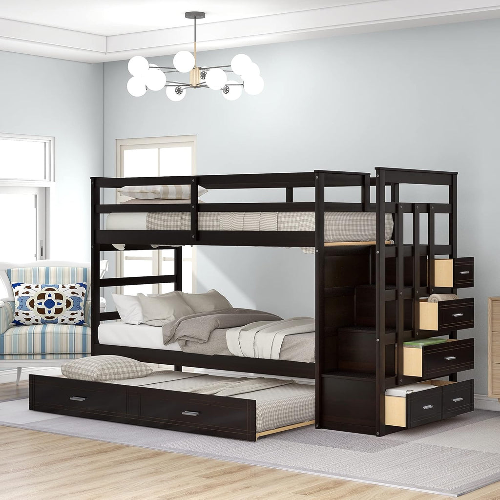 Gray Wood Twin Bunk Bed with Trundle and 4 Storage Drawers V18601