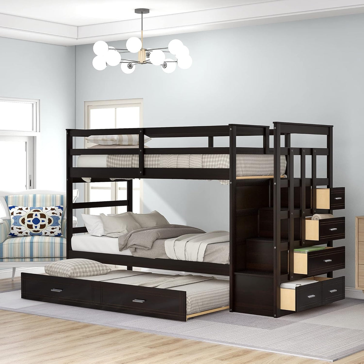 Gray Wood Twin Bunk Bed with Trundle and 4 Storage Drawers V18601