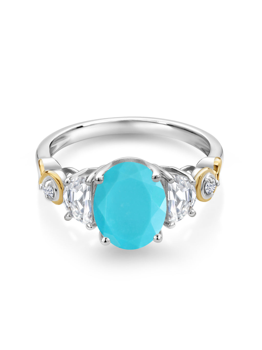 Oval Green Turquoise and Moissanite 3-Stone Ring J13924