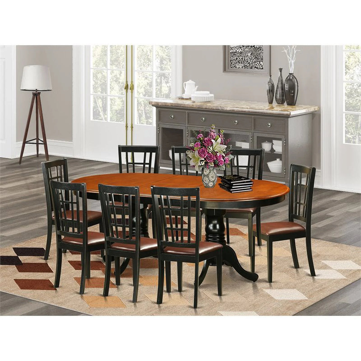 9-piece Wood Dining Table and Chair Set in Black M82424