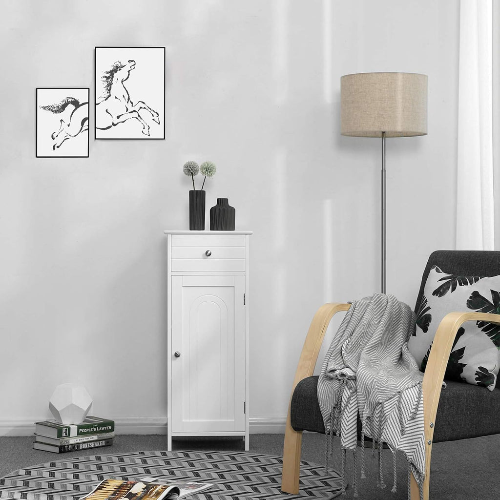 White Wooden Bathroom Floor Cabinet with Drawer and Adjustable Shelf B677580