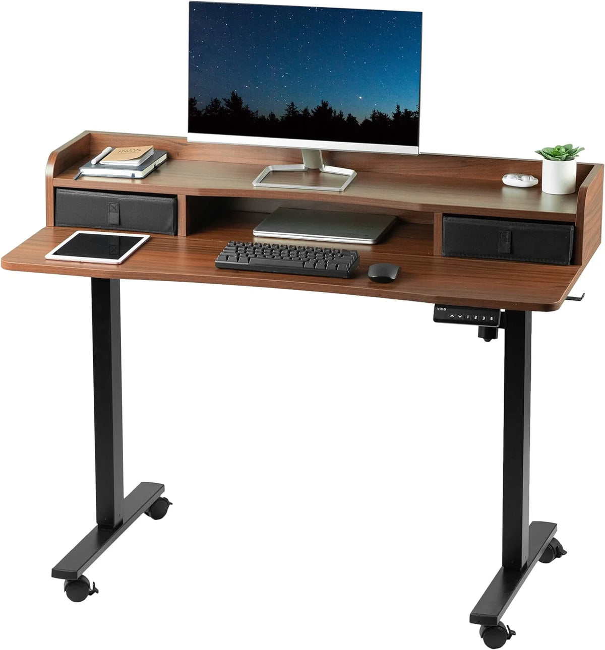 Dark Walnut Top Black Frame 2-Tier Height Adjustable Stand Up Desk L2940