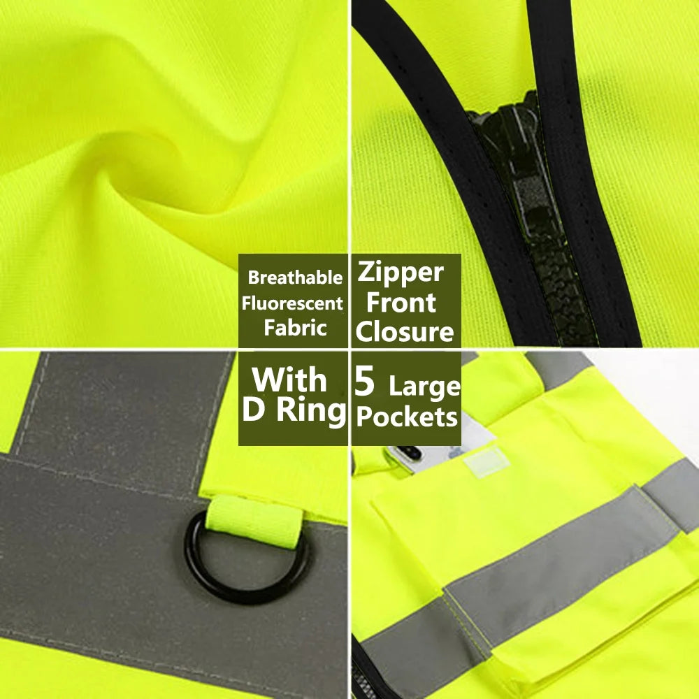 5 Pockets High Visibility Zipper Front Safety Vest with Reflective Strips, Pack of 10 B678