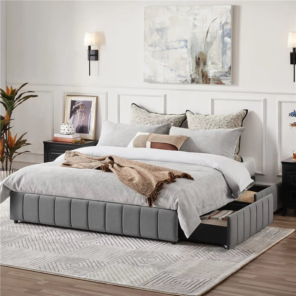 Queen Size Upholstered Bed Frame with 4 Storage Drawers, Beige T202040