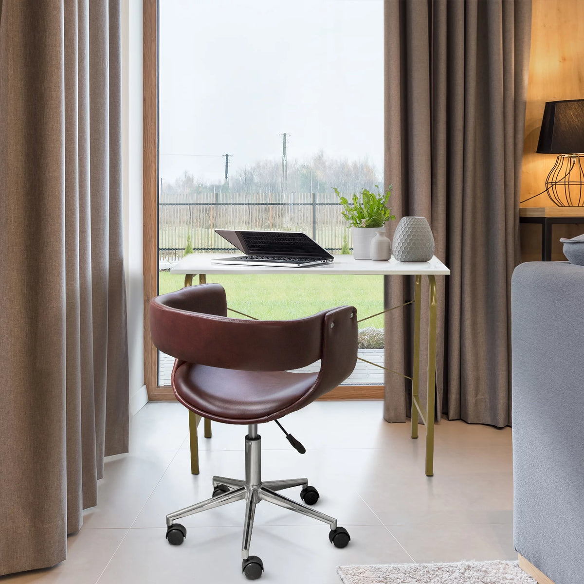 Brown PU Leather Office Chair with Swivel Base T8595