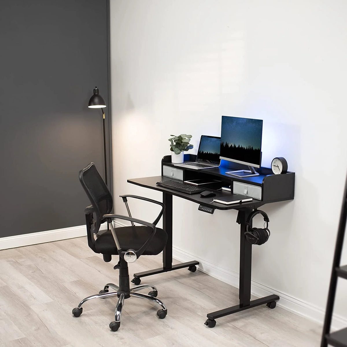 Dark Walnut Top Black Frame 2-Tier Height Adjustable Stand Up Desk L2940