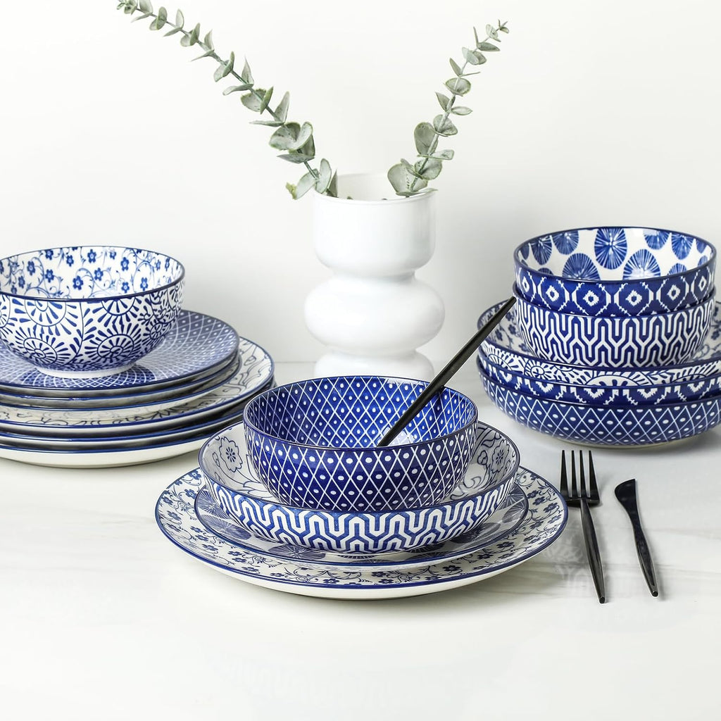 16 Pieces Ceramic Dinnerware Set with 8 Inch Rectangular Salad Plates, Blue K84848