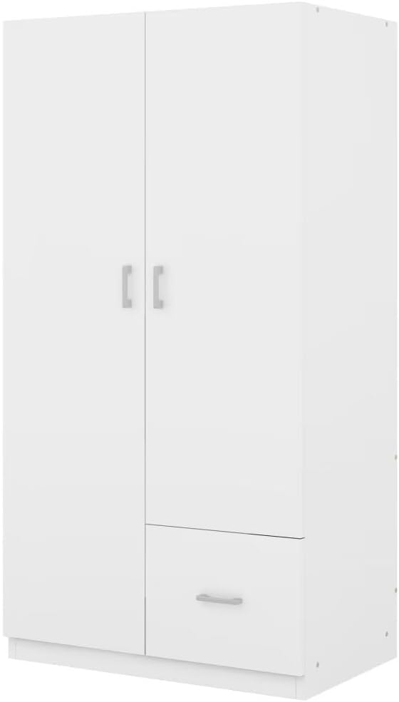 White 2 Door Wood Wardrobe with 5 Fixed Shelves and Hanging Rod X33365